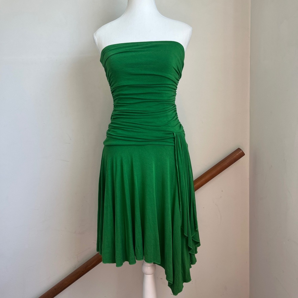 Vintage Y2K Arden B Strapless Ruched Dress Green Draped Asymmetrical Funky Fairy